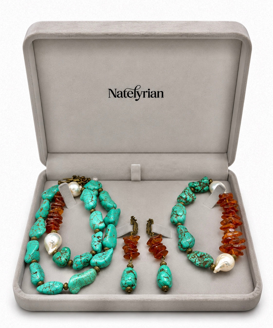 Amber Turquoise Pearl Gift jewelry set by Natelyrian