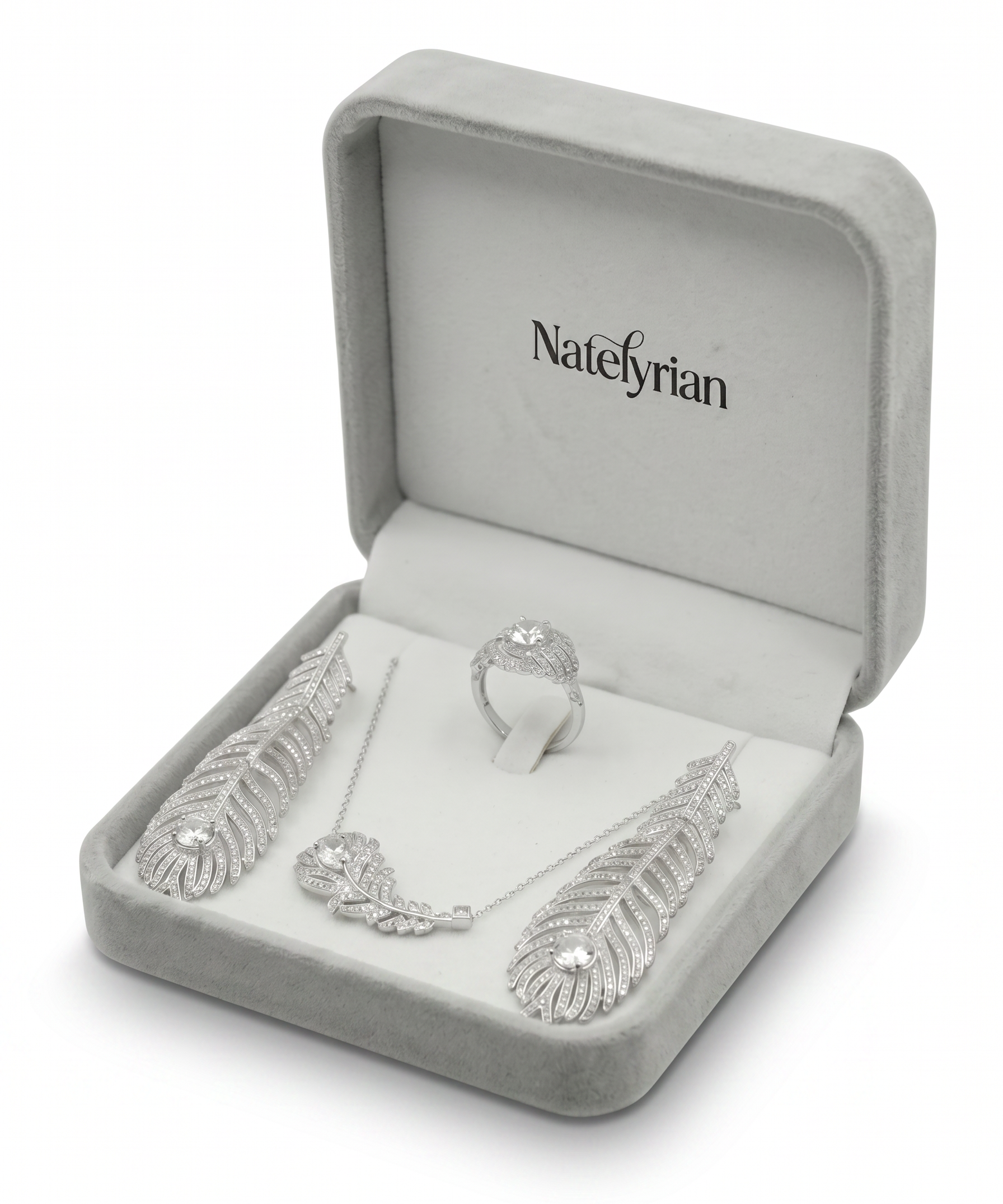 Silver Plated Cubic Zirconia Feather Gift Sets by Natelyrian
