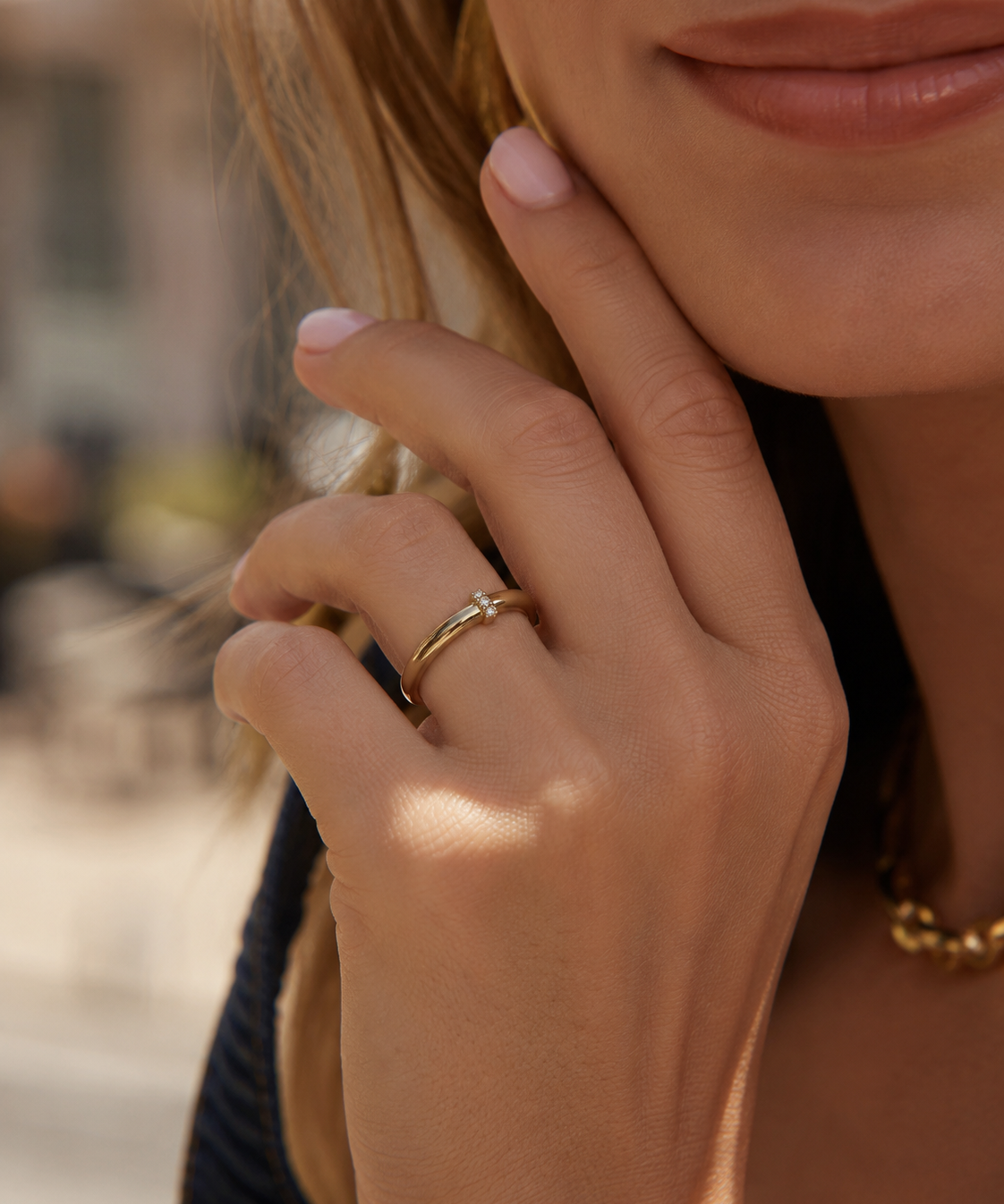 18K Gold Plated Minimalist Zircon Accent Open Ring detail view