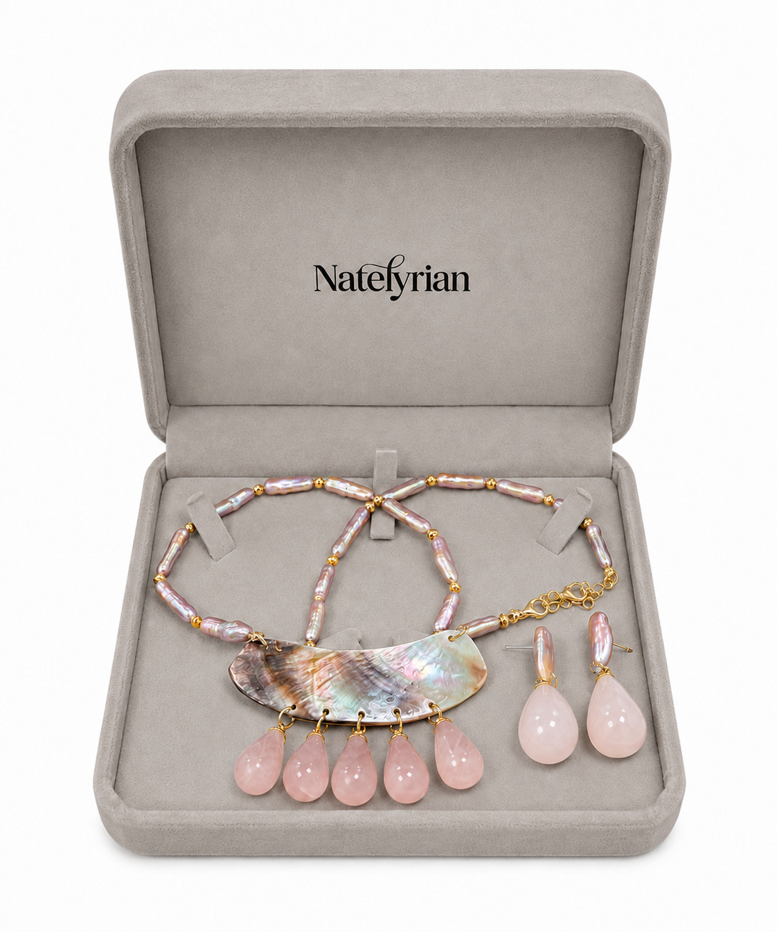 Baroque Pearl and Rose Quartz Drop Gift jewelry set by Natelyrian