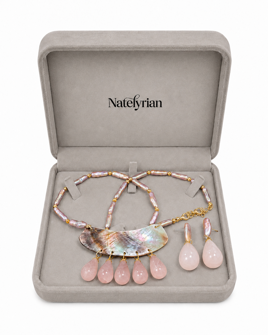 Baroque Pearl and Rose Quartz Drop Gift jewelry set by Natelyrian