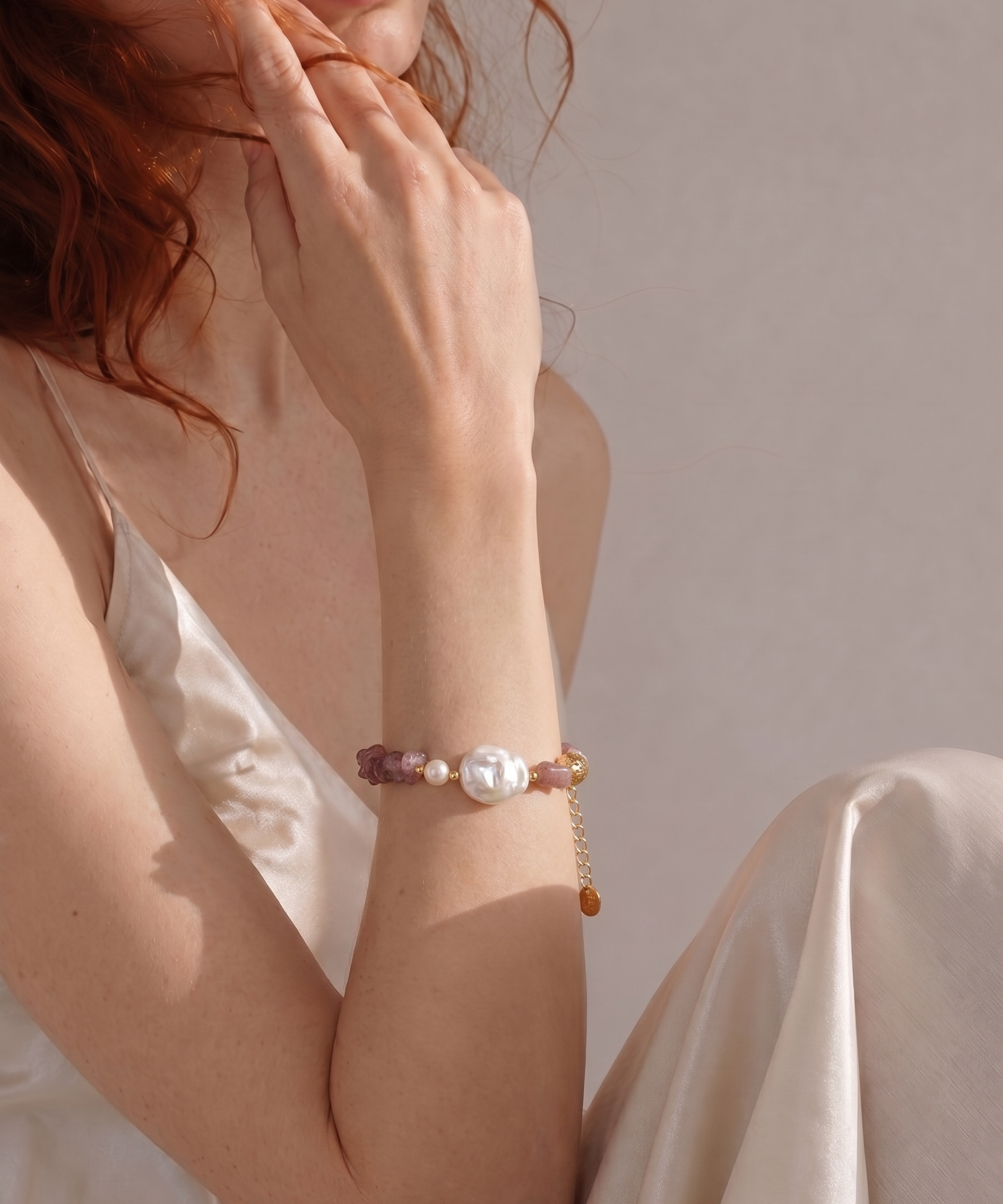 Pearl & Strawberry Quartz Gemstone Bracelet detail view