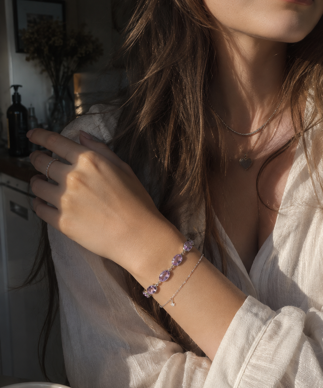 Silver-Plated Natural Amethyst Tennis Bracelet detail view