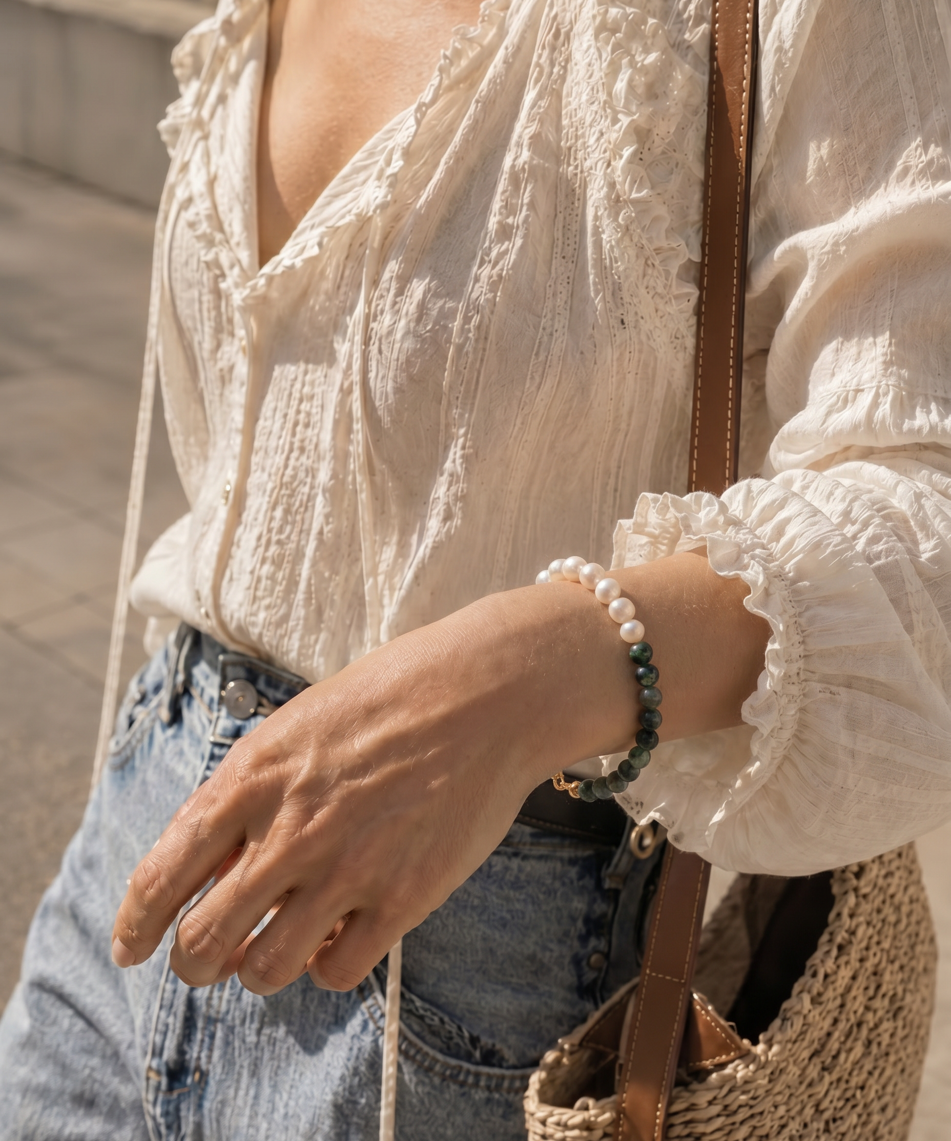 Freshwater Pearl & Dark Jade Adjustable Bracelet detail view