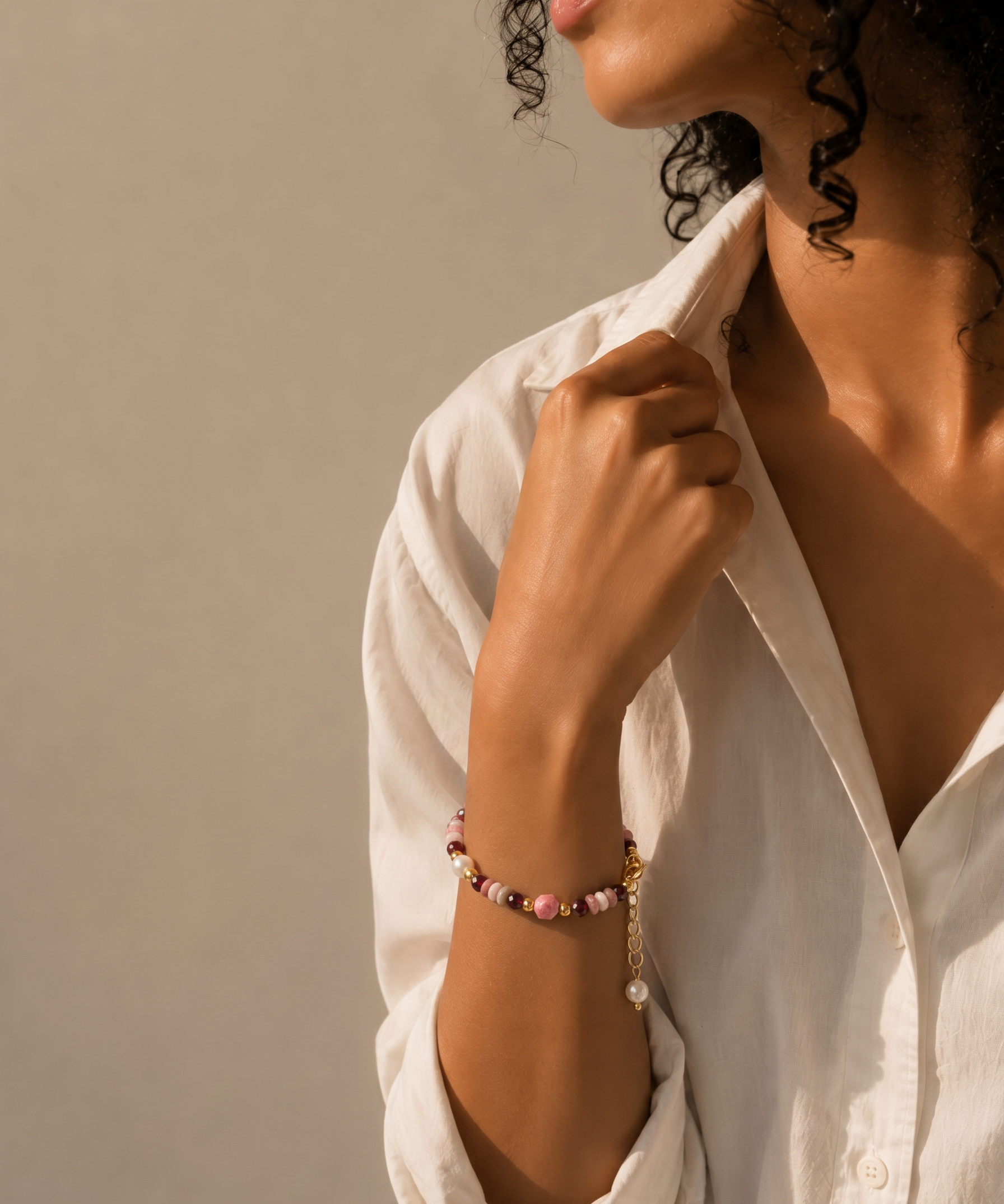 Sunstone and Pearl Adjustable Bracelet detail view