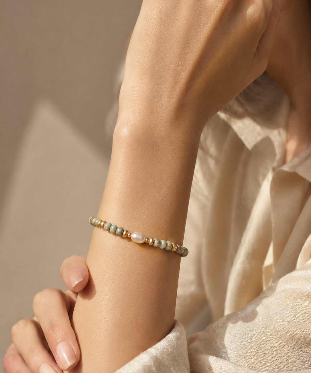 Shoushan Gemstone and Pearl Adjustable Bracelet detail view