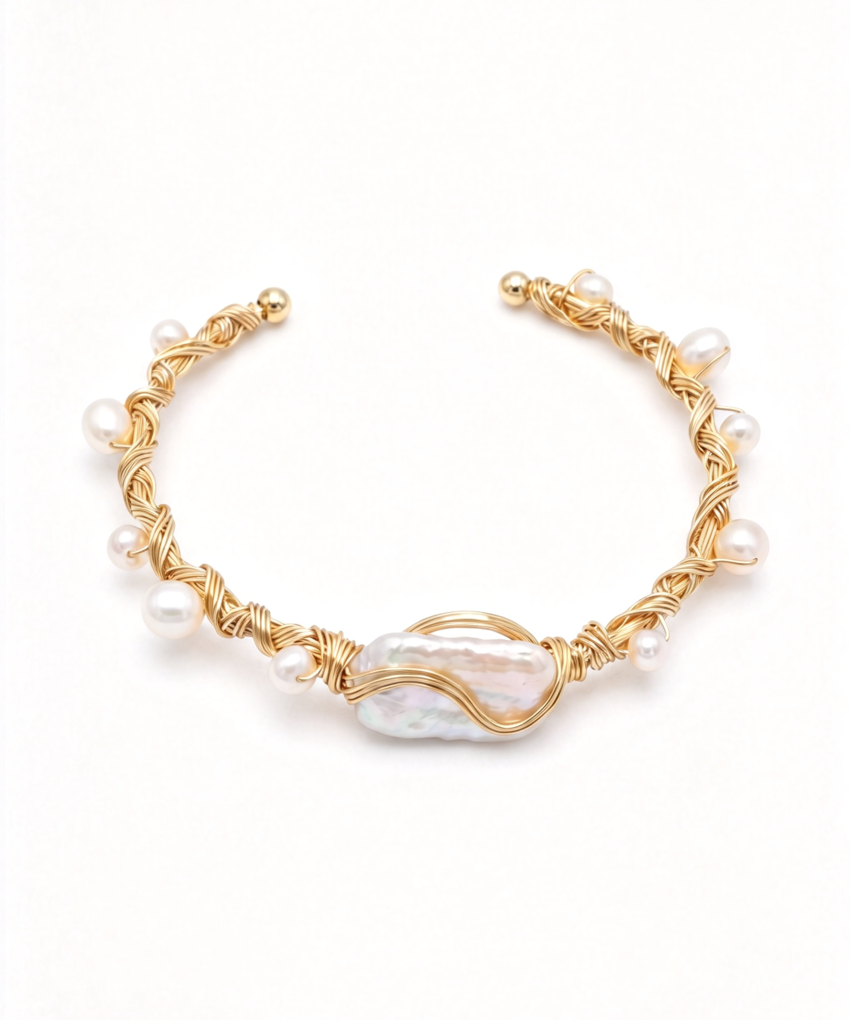 Hand Wrapped Gold Wire Baroque Pearl Open Cuff Bracelet by Natelyrian