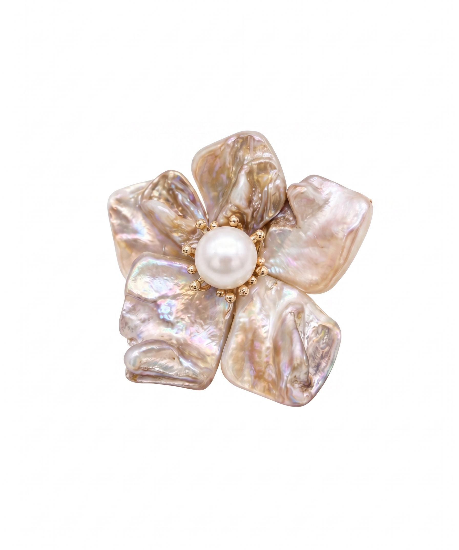18K Gold Plated Mother of Pearl and Pearl Flower Brooch by Natelyrian