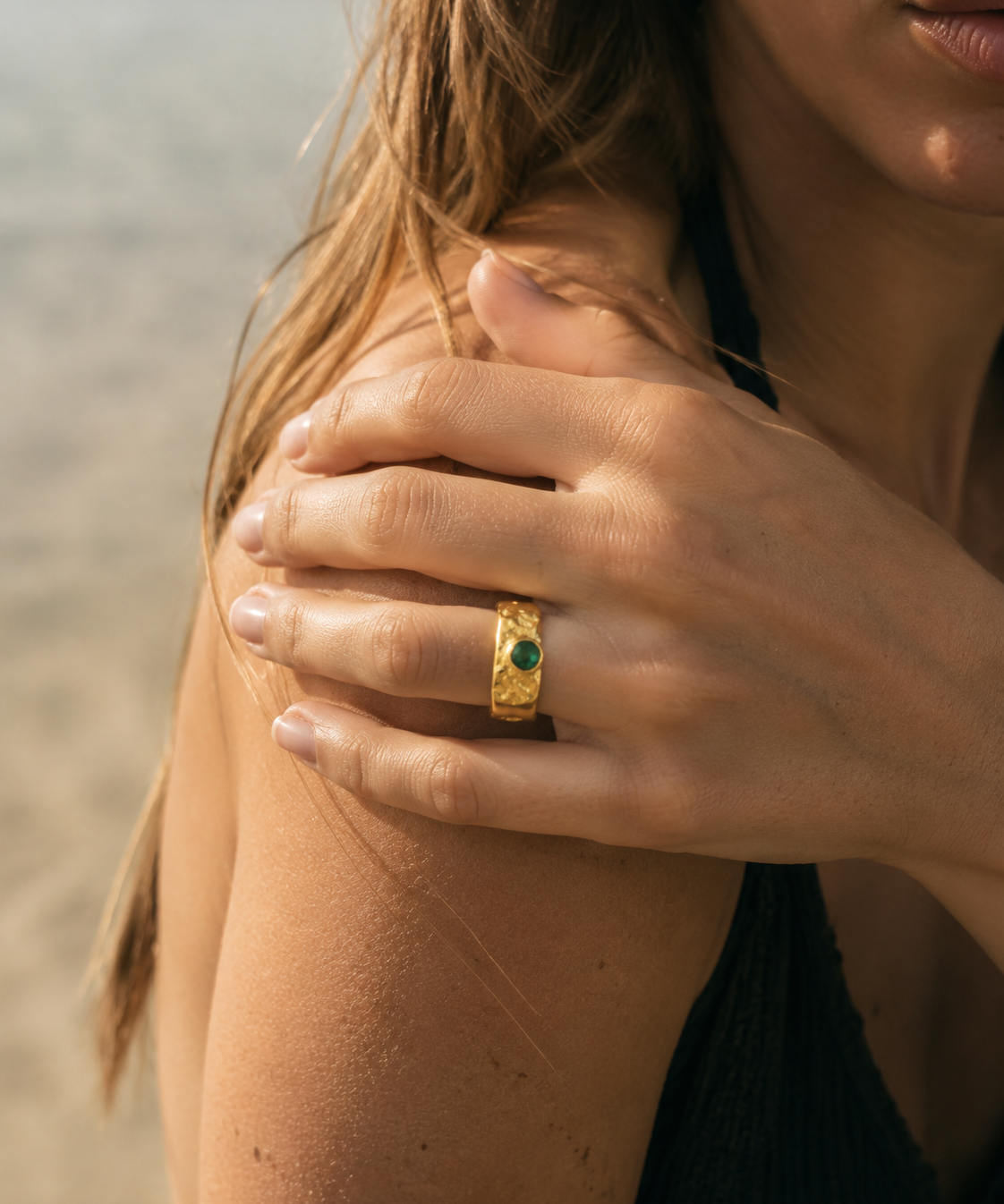 18K Gold Plated Ancient Greek Green Zircon Ring detail view