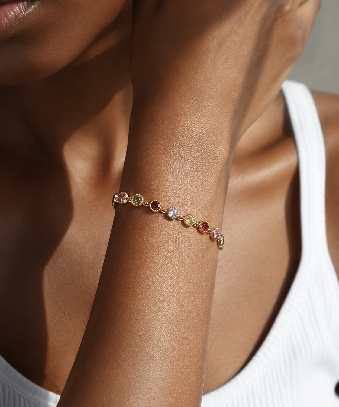 18K Gold Plated Rainbow Cubic Zirconia Adjustable Bracelet detail view