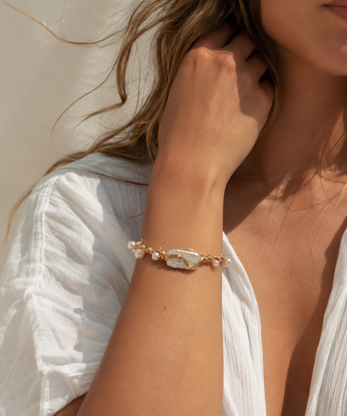 Hand Wrapped Gold Wire Baroque Pearl Open Cuff Bracelet detail view