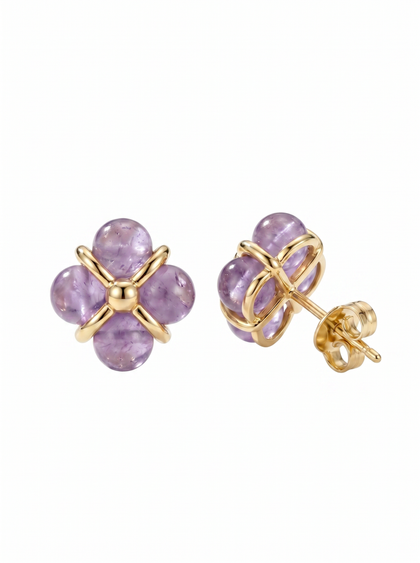 18K Gold Plated Natural Amethyst Flower Stud Earrings by Natelyrian