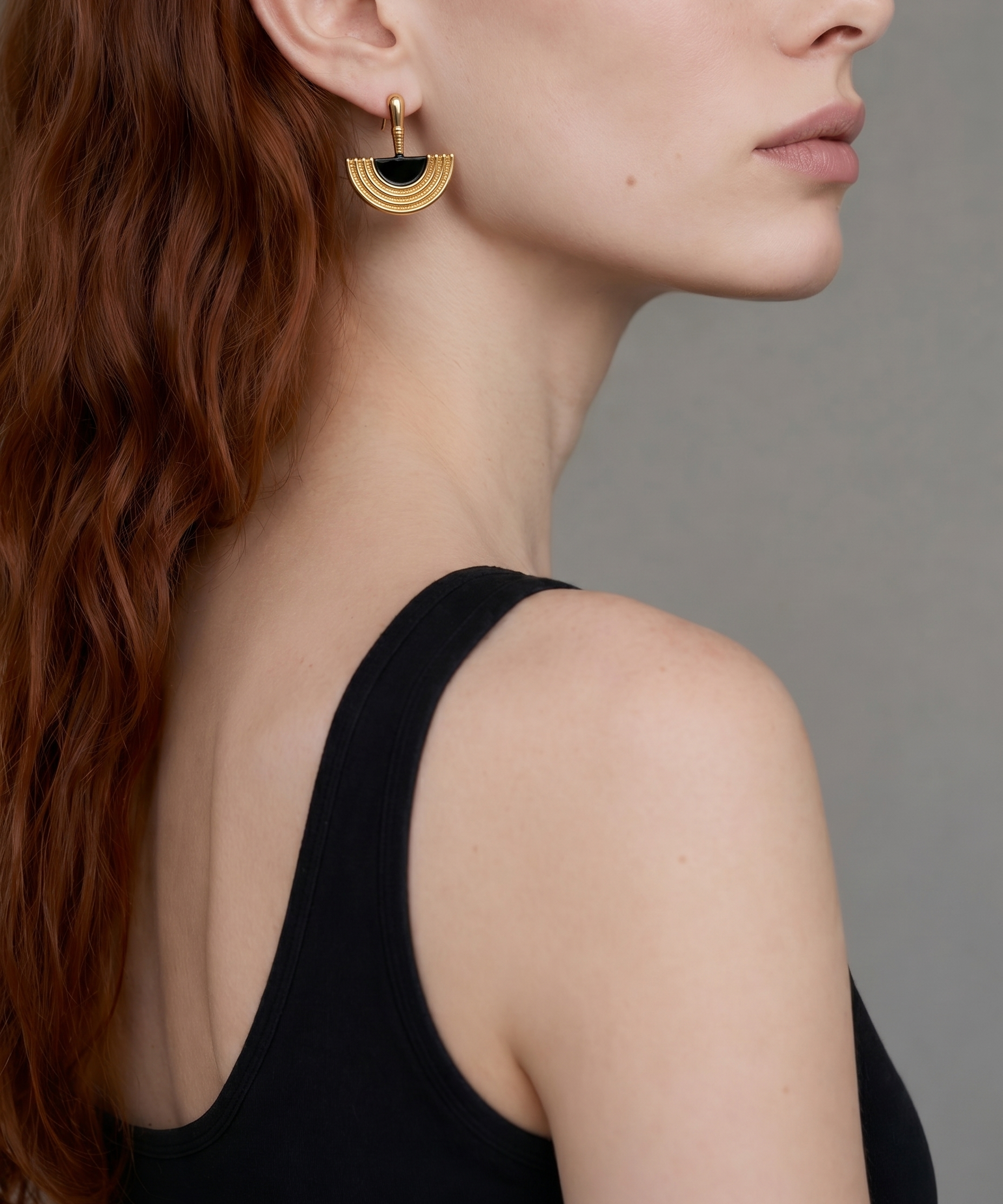 18K Gold Plated Egyptian Black Agate Earrings detail view