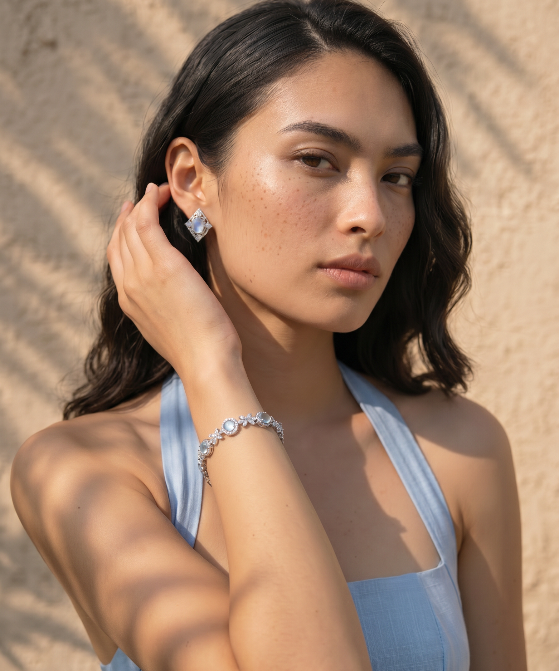 Silver Plated Natural Aquamarine Adjustable Bracelet detail view