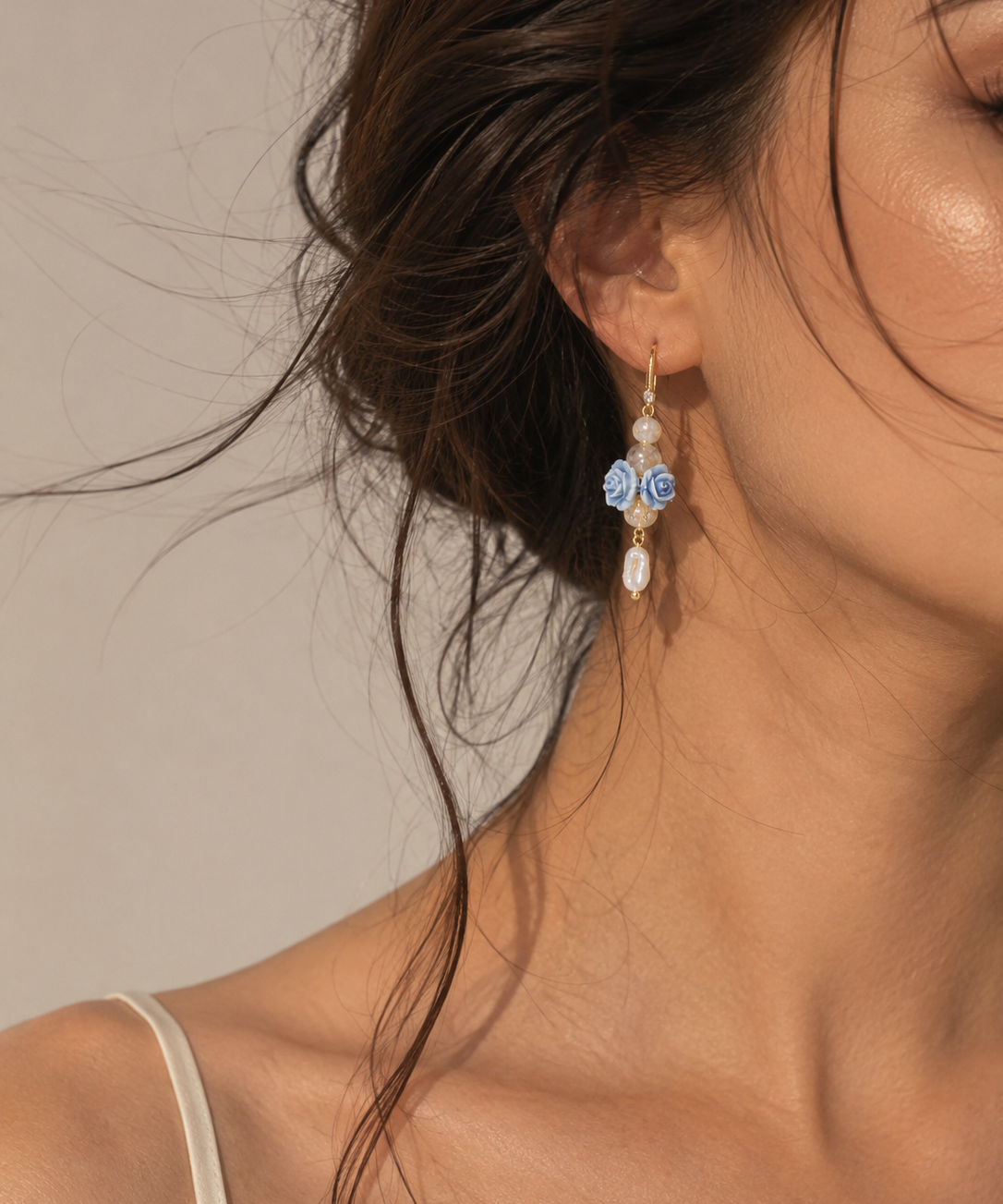 Blue Rose Natural Pearl Drop Earrings detail view