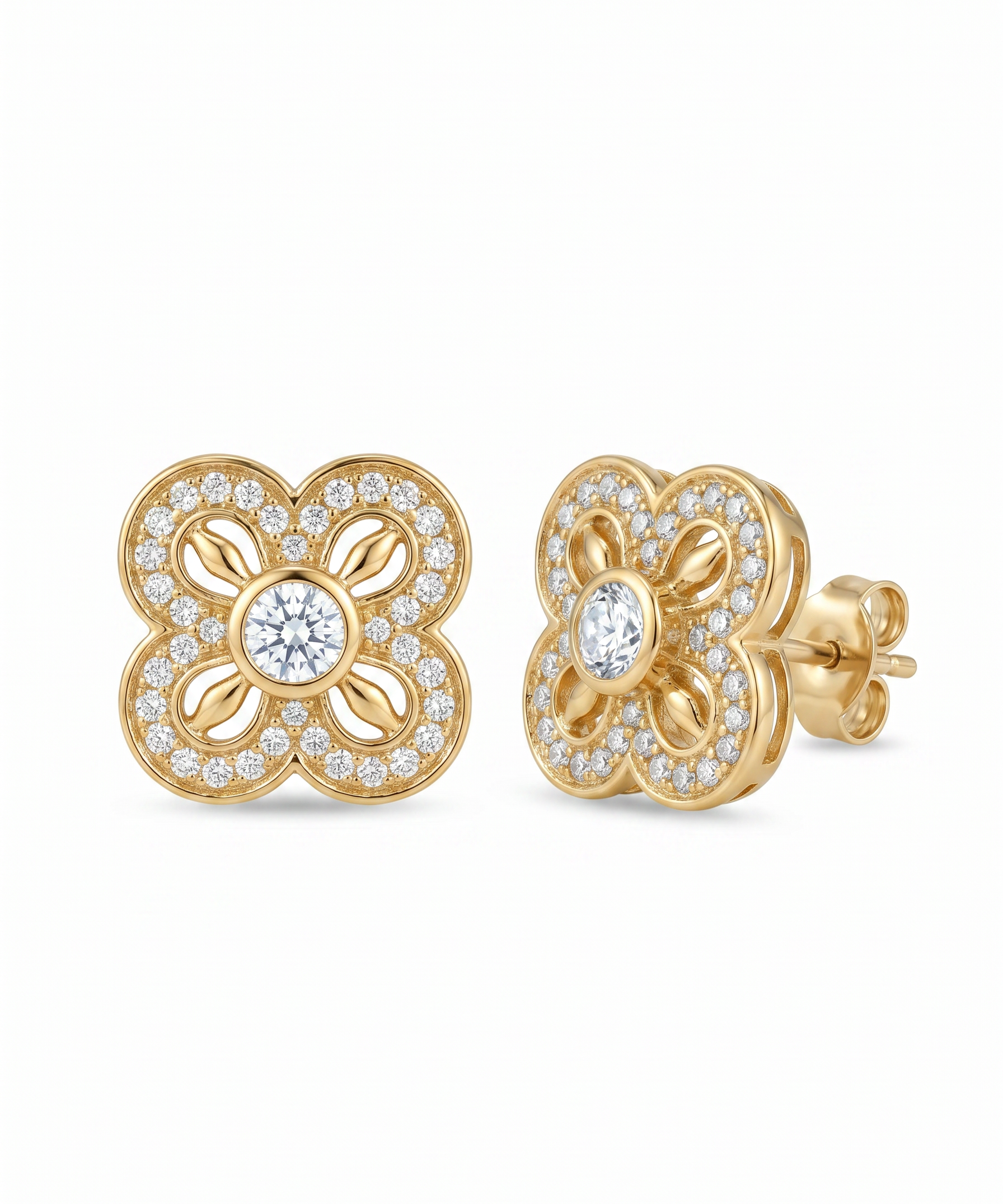 18K Gold Plated Sunburst Heart Cubic Zirconia Stud Earrings by Natelyrian