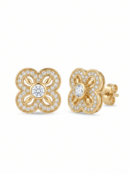 18K Gold Plated Sunburst Heart Cubic Zirconia Stud Earrings by Natelyrian