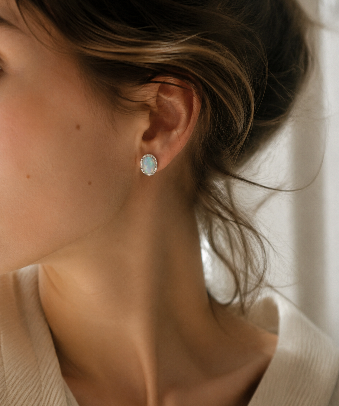 Silver Natural Opal Moonlight Stud Earrings detail view