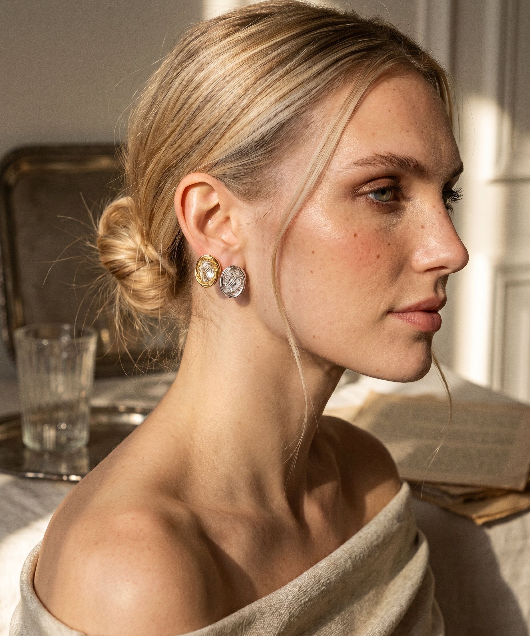 18K Gold Plated Oval Wire Mesh Crystal Stud Earrings detail view