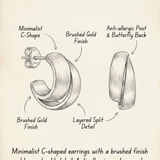 18K Gold and Silver Plated Brushed C-Shaped Hoop Earrings product view 7