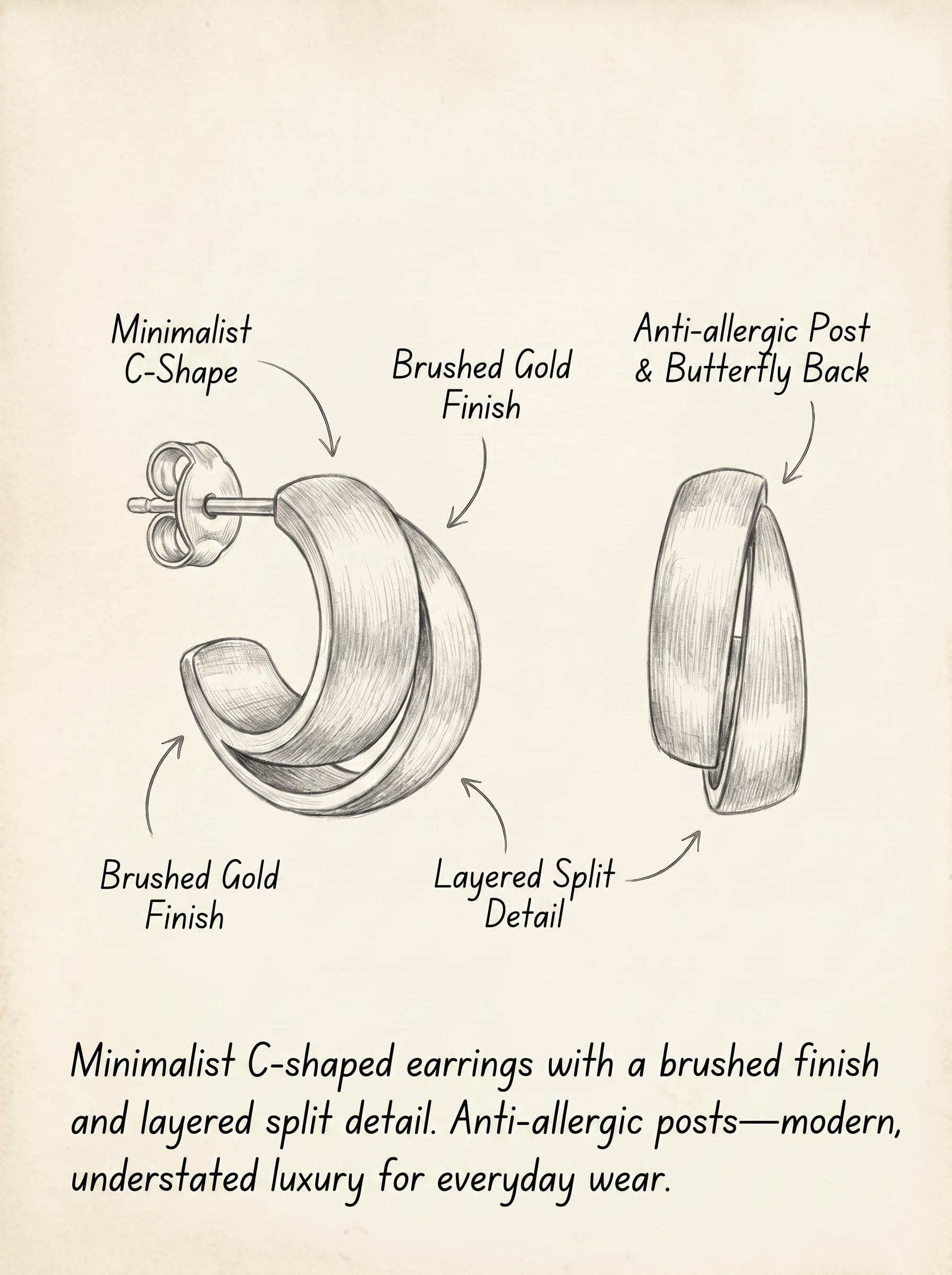 18K Gold and Silver Plated Brushed C-Shaped Hoop Earrings product view 7