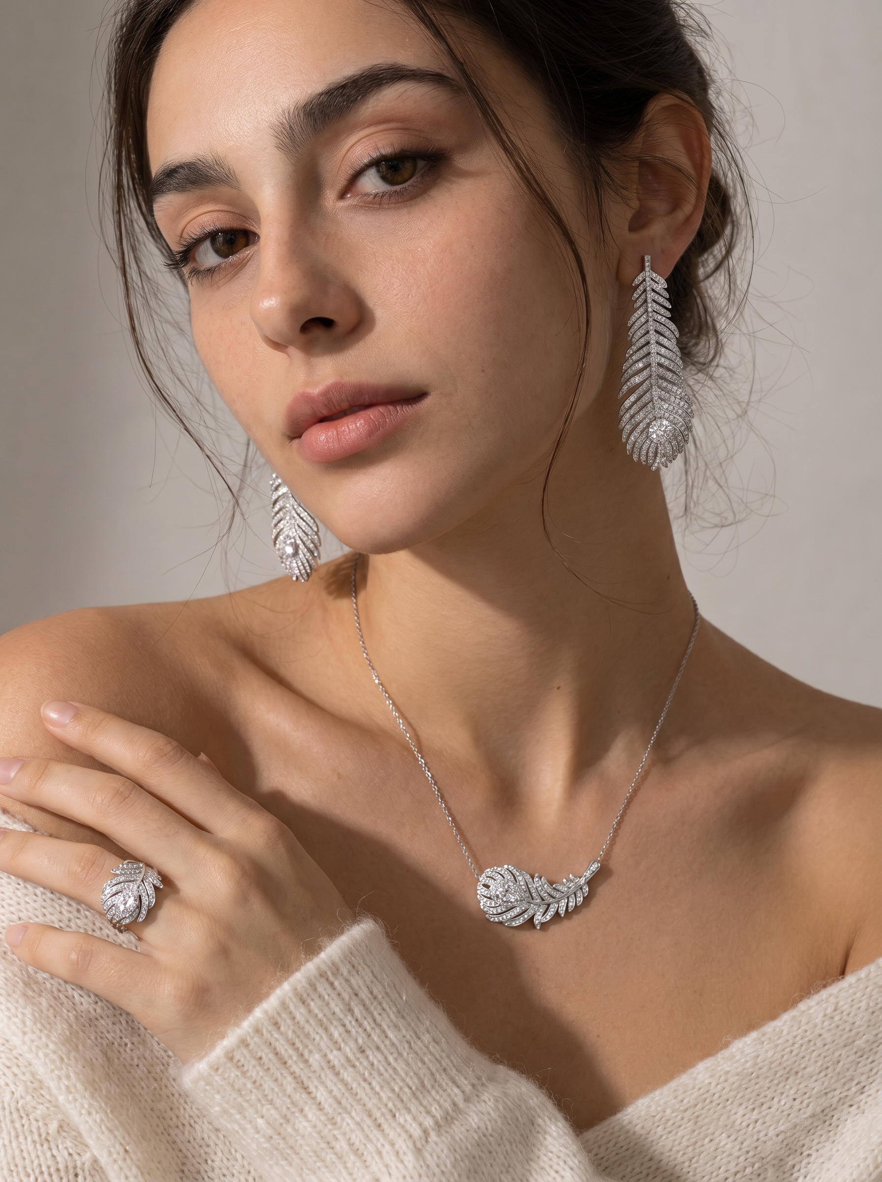 Silver Plated Cubic Zirconia Feather Necklace detail view