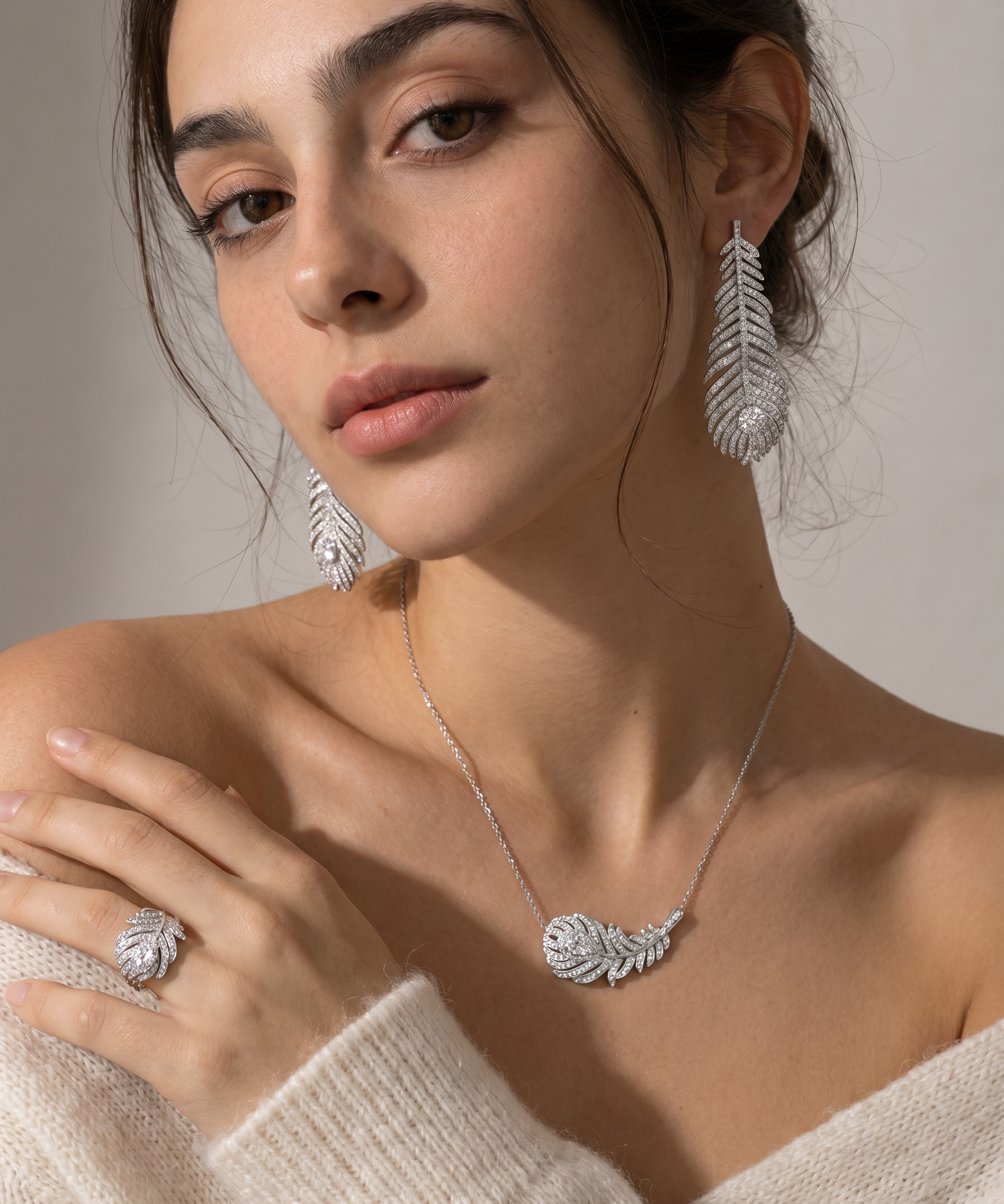 Silver Plated Cubic Zirconia Feather Gift Sets detail view