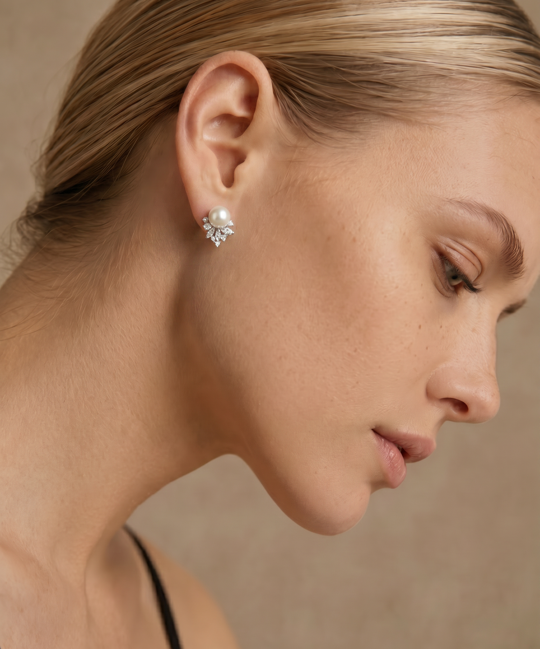 Silver and Gold Multi-Cut Cubic Zirconia Snowflake Freshwater Pearl Stud Earrings detail view