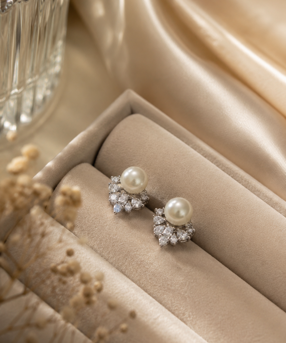 Silver and Gold Multi-Cut Cubic Zirconia Snowflake Freshwater Pearl Stud Earrings alternate view