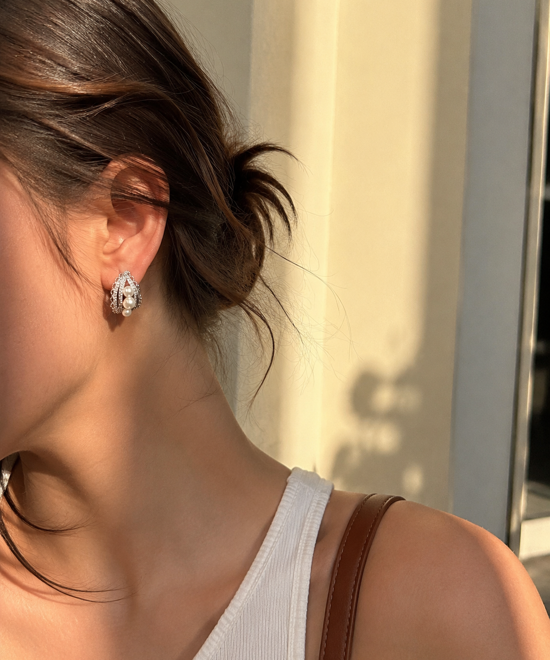 Gold and Silver Plated Pearl Cluster Earrings detail view