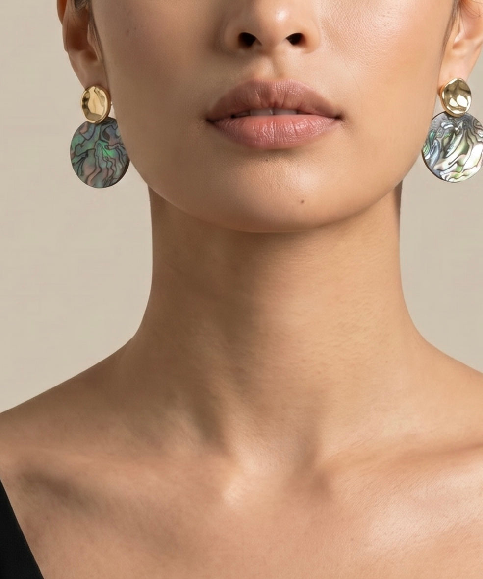 18K Gold Plated Natural Abalone Mother of Pearl Drop Earrings detail view