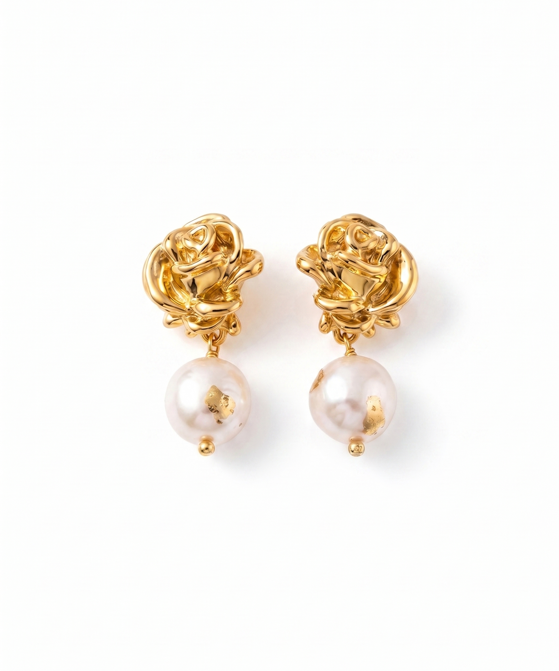 18K Gold Plated Rose & Natural Pearl Drop Earrings by Natelyrian