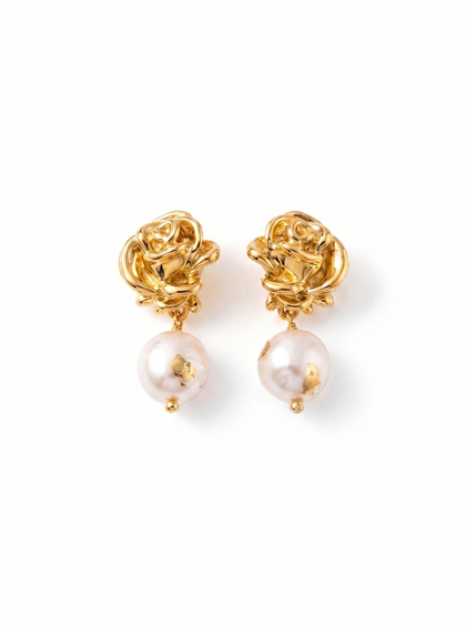 18K Gold Plated Rose & Natural Pearl Drop Earrings by Natelyrian