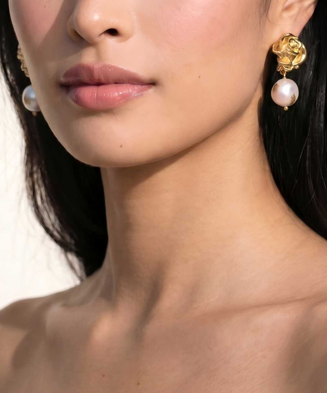18K Gold Plated Rose & Natural Pearl Drop Earrings detail view