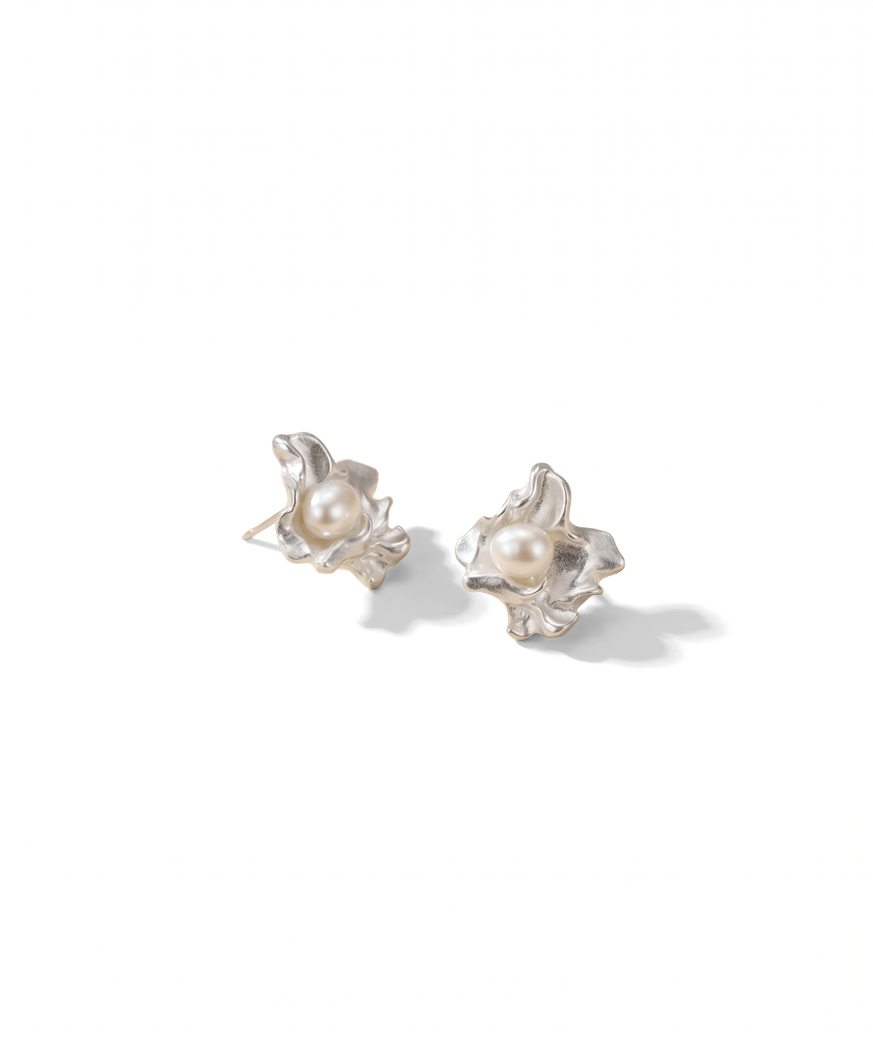 Crinkled Petal Raw Silver Baroque Pearl Earrings by Natelyrian
