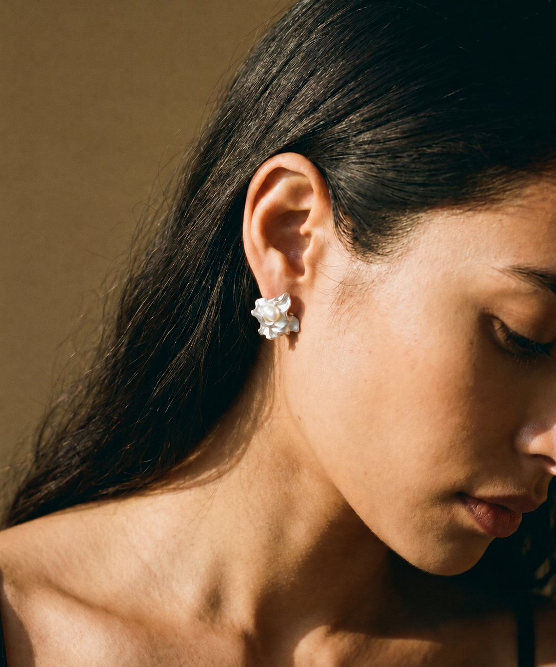 Crinkled Petal Raw Silver Baroque Pearl Earrings detail view