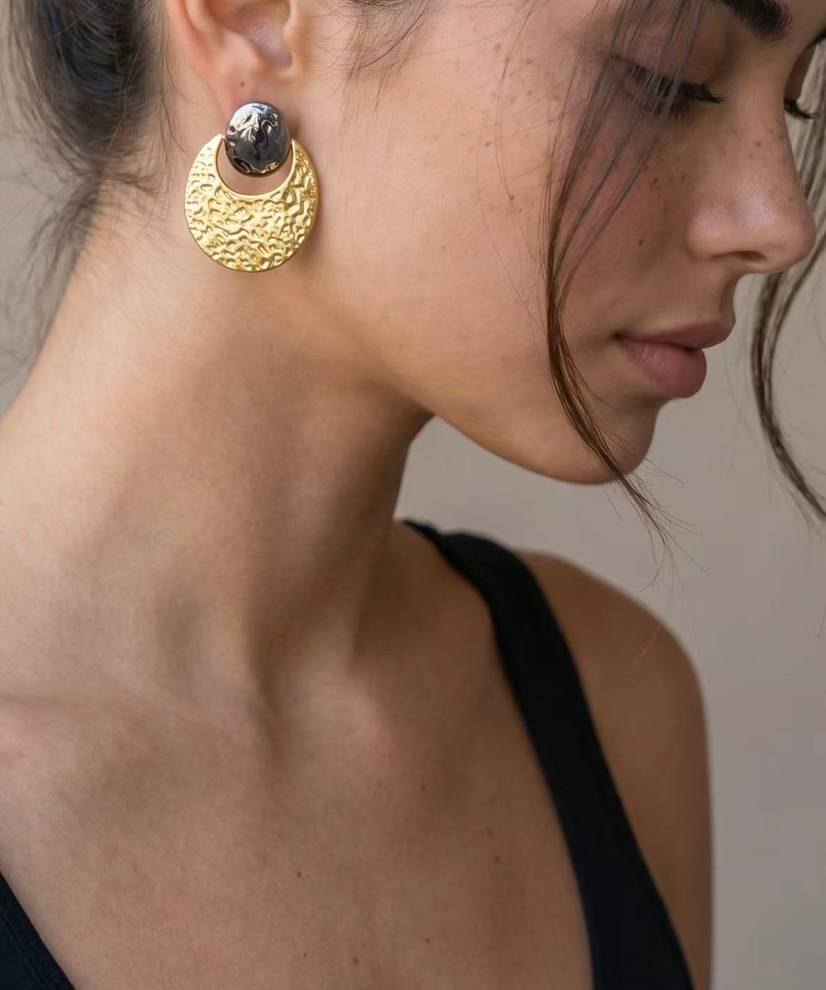 18K Gold Plated Hammered Moon Drop Earrings detail view
