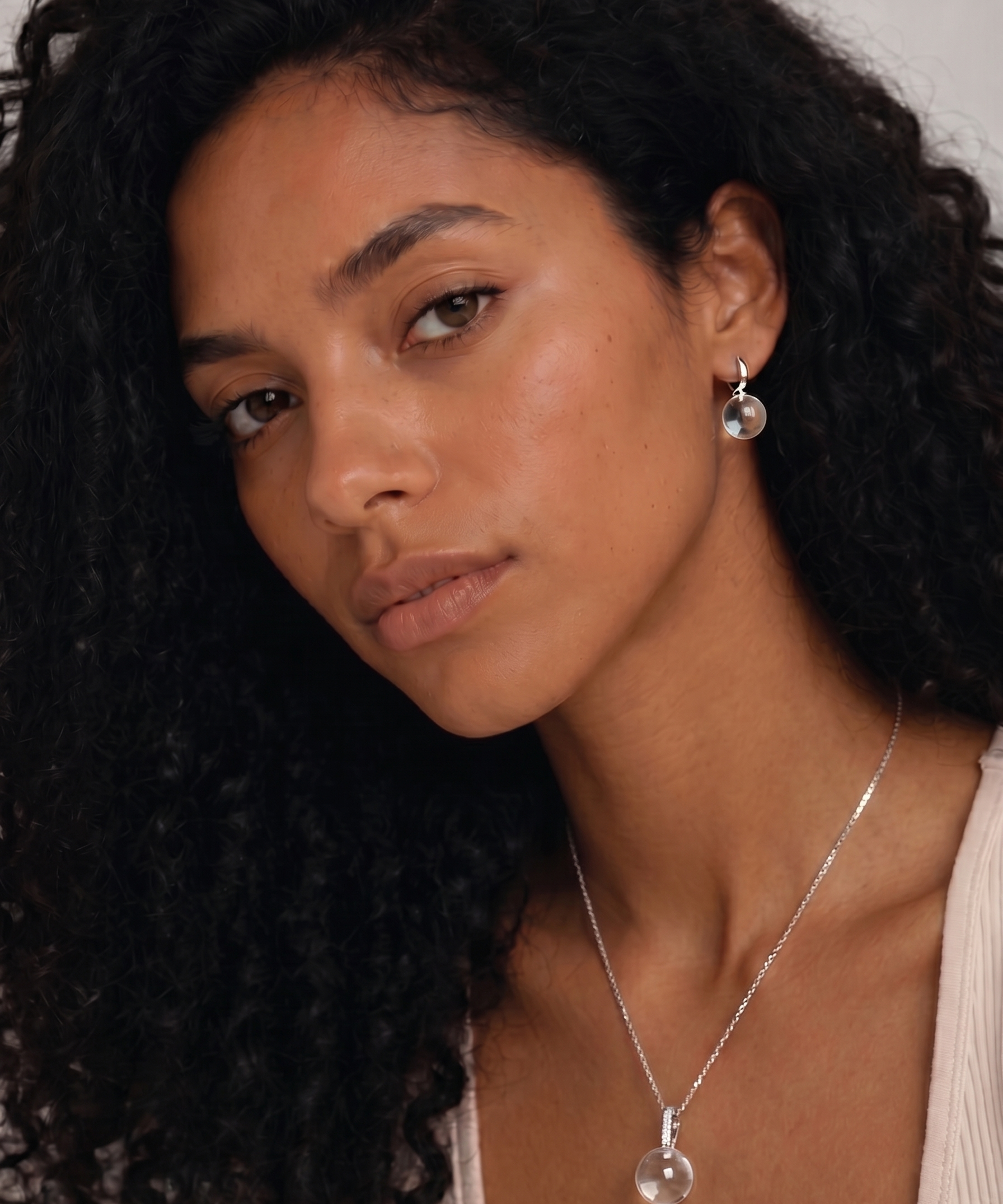 Silver Plated Natural White Crystal Ball Pendant Necklace detail view