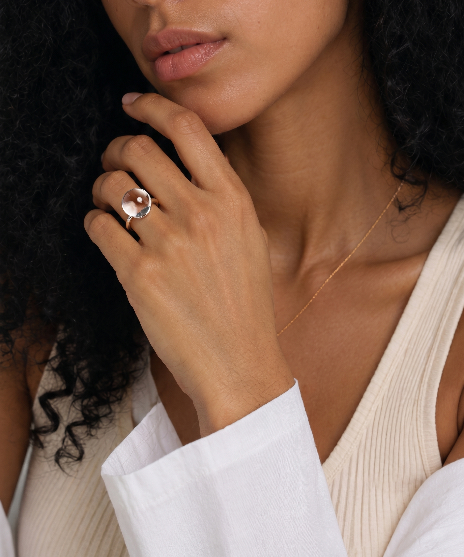 Silver Plated Natural White Crystal Ball Open Ring detail view