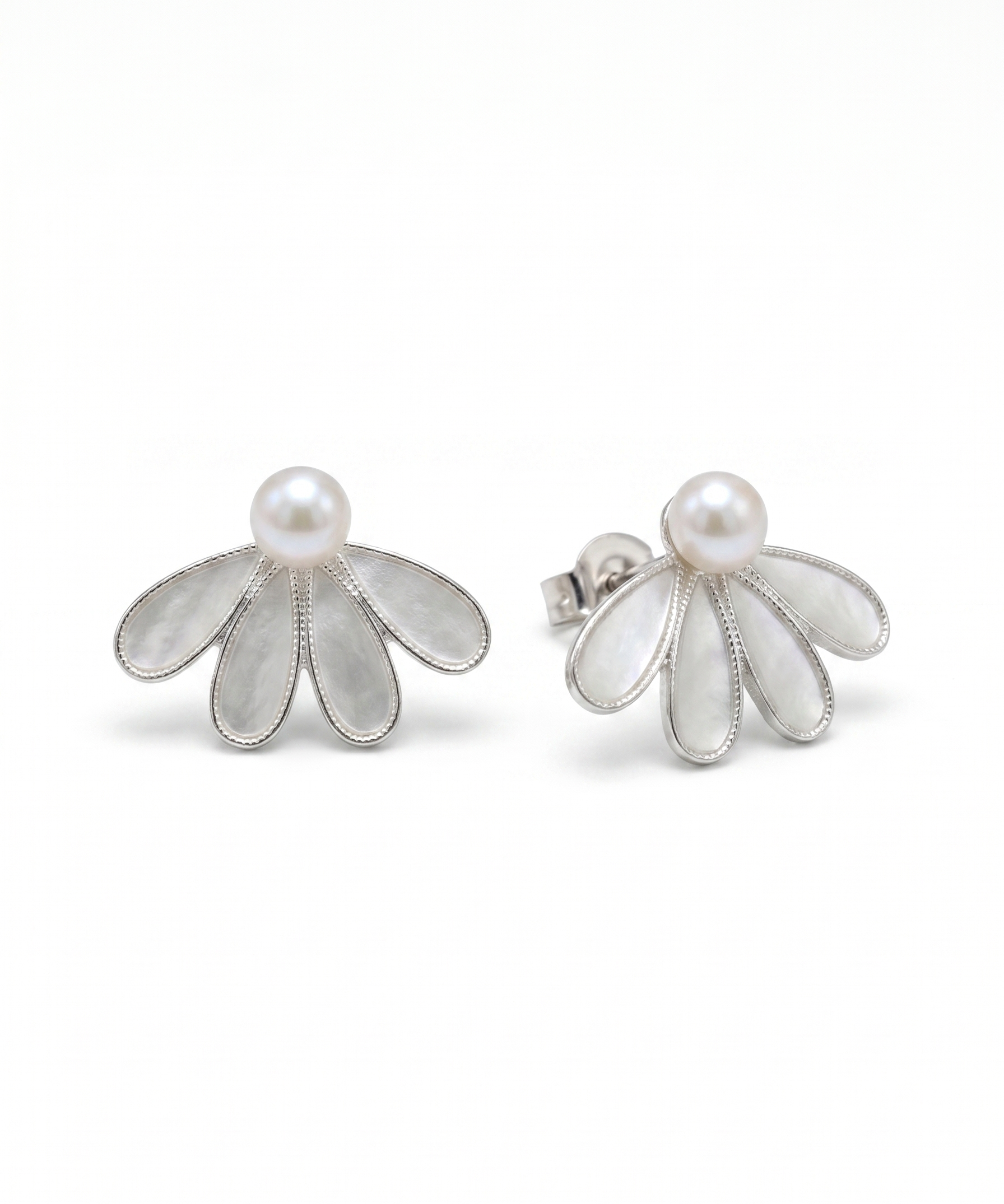 Silver Plated Floral Pearl Stud Earrings by Natelyrian