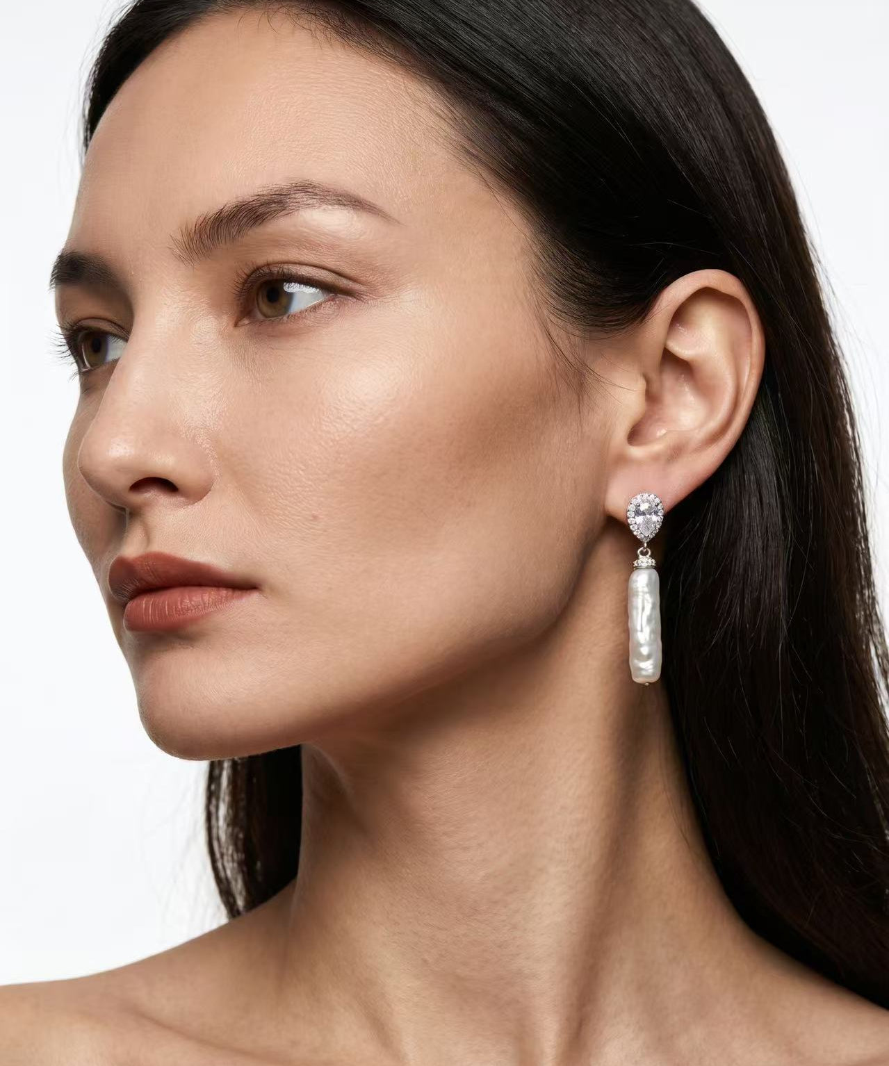 Teardrop Halo Cubic Zirconia Baroque Stick Pearl Drop Earrings detail view