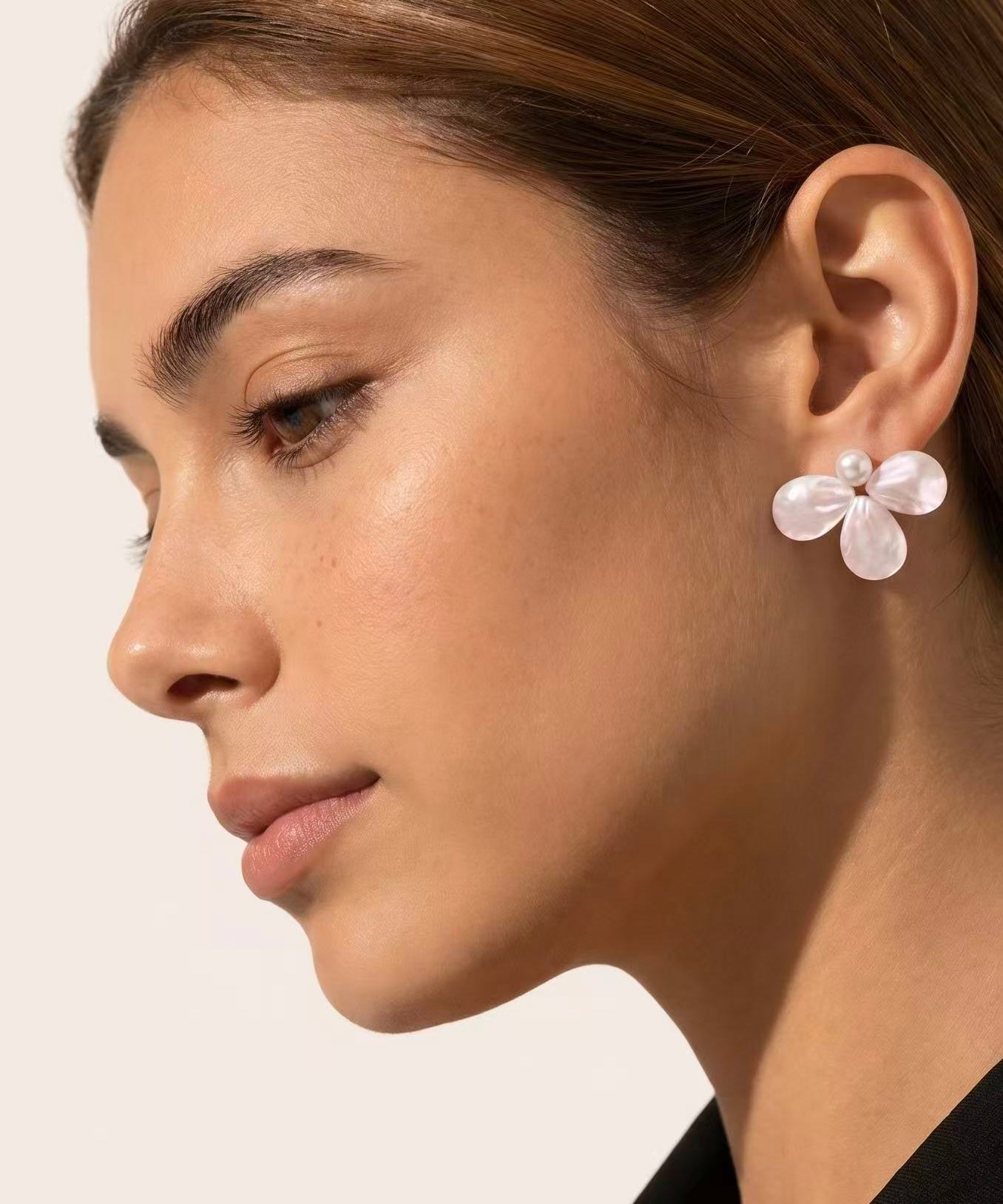 Mother of Pearl Three Petal Flower Pearl Earrings detail view