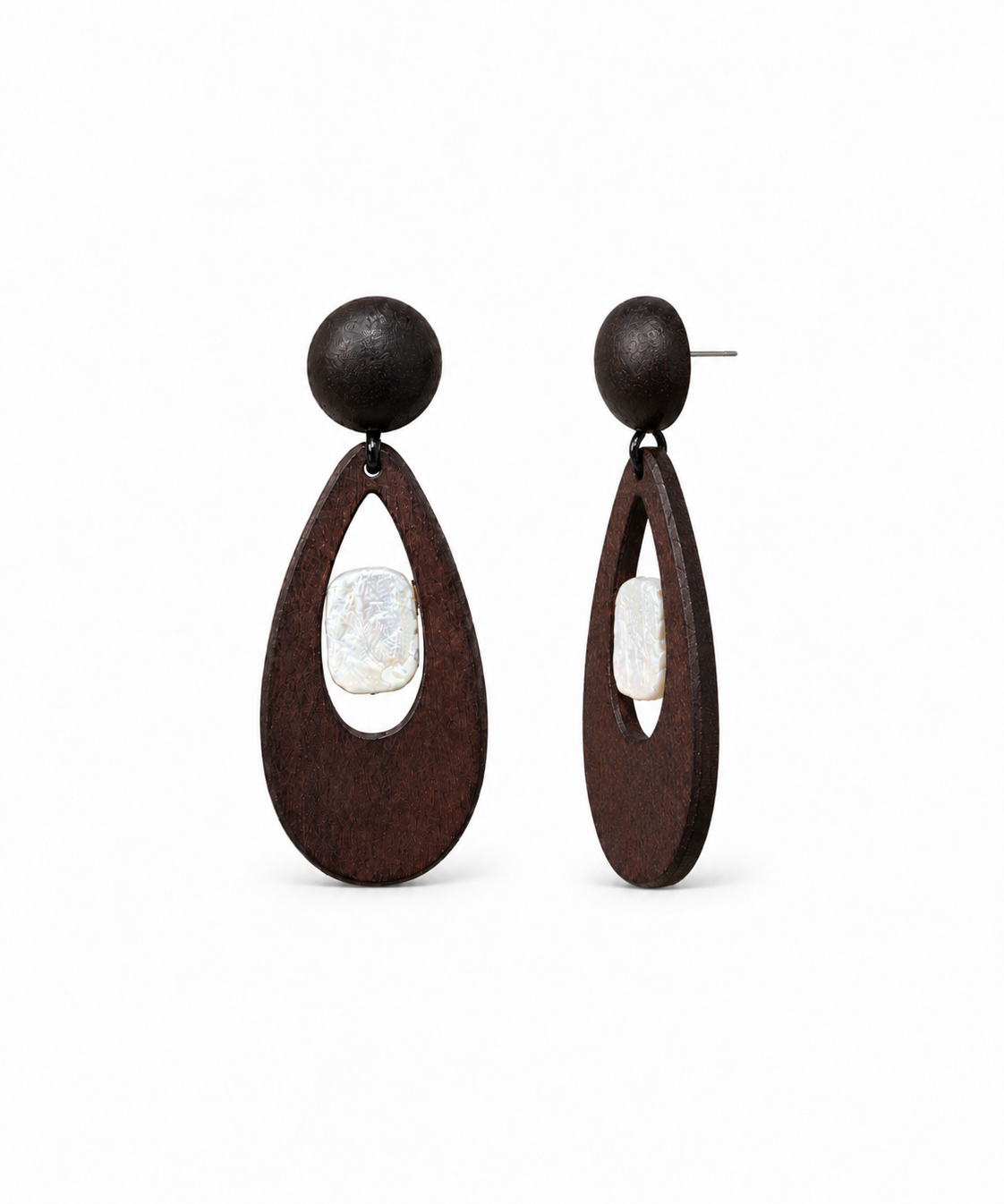 Wood & Baroque Pearl Teardrop Earrings by Natelyrian
