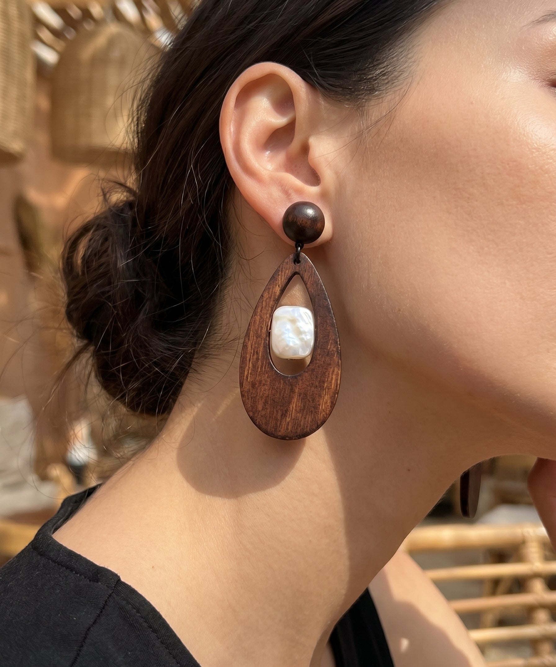 Wood & Baroque Pearl Teardrop Earrings detail view