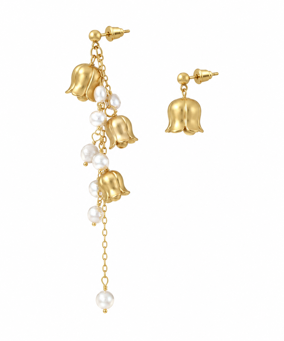 Gold Tulip & Pearl Drop Earrings by Natelyrian