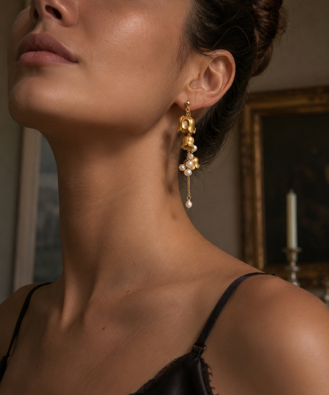 Gold Tulip & Pearl Drop Earrings detail view