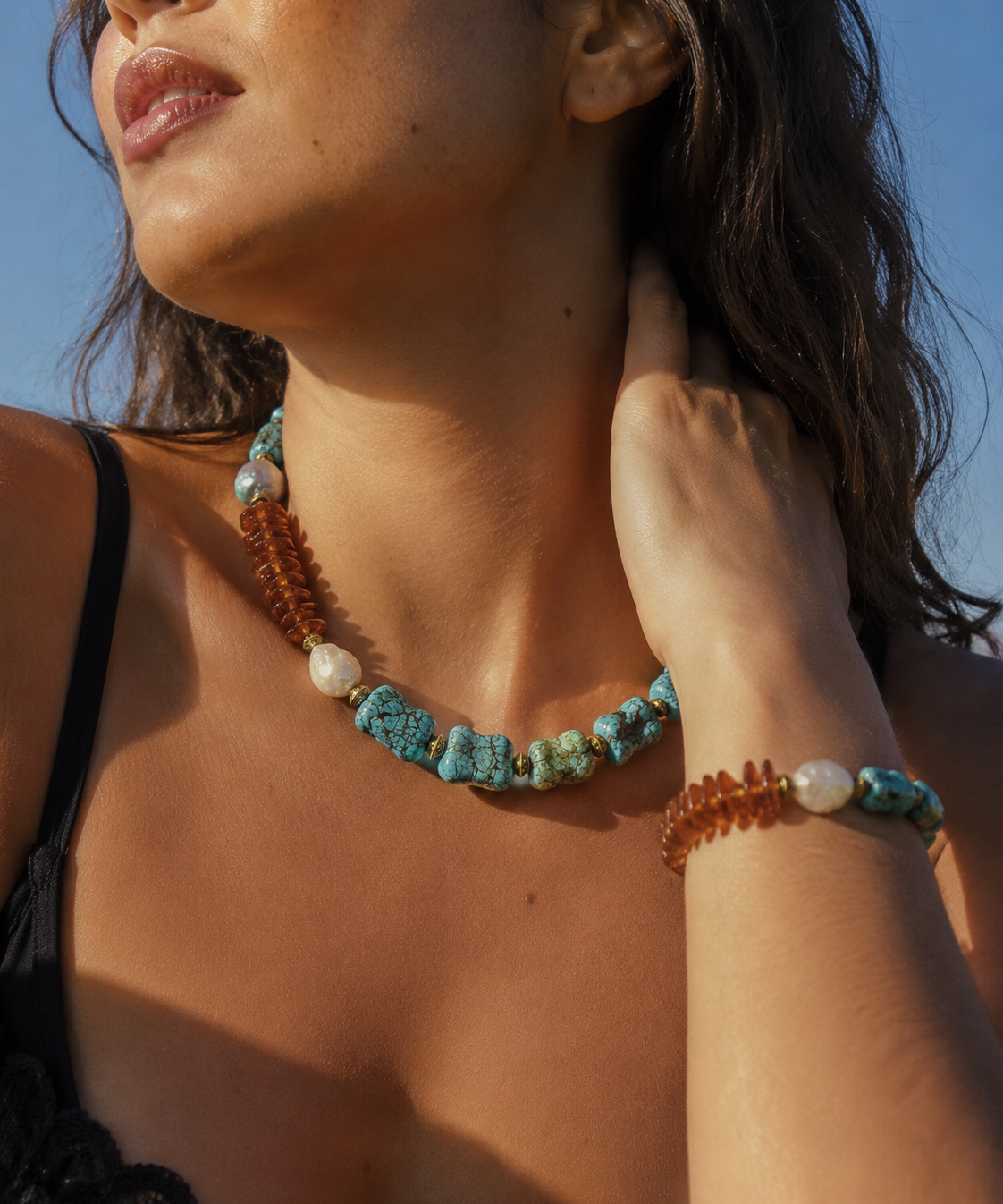 Amber Turquoise Pearl Necklace detail view