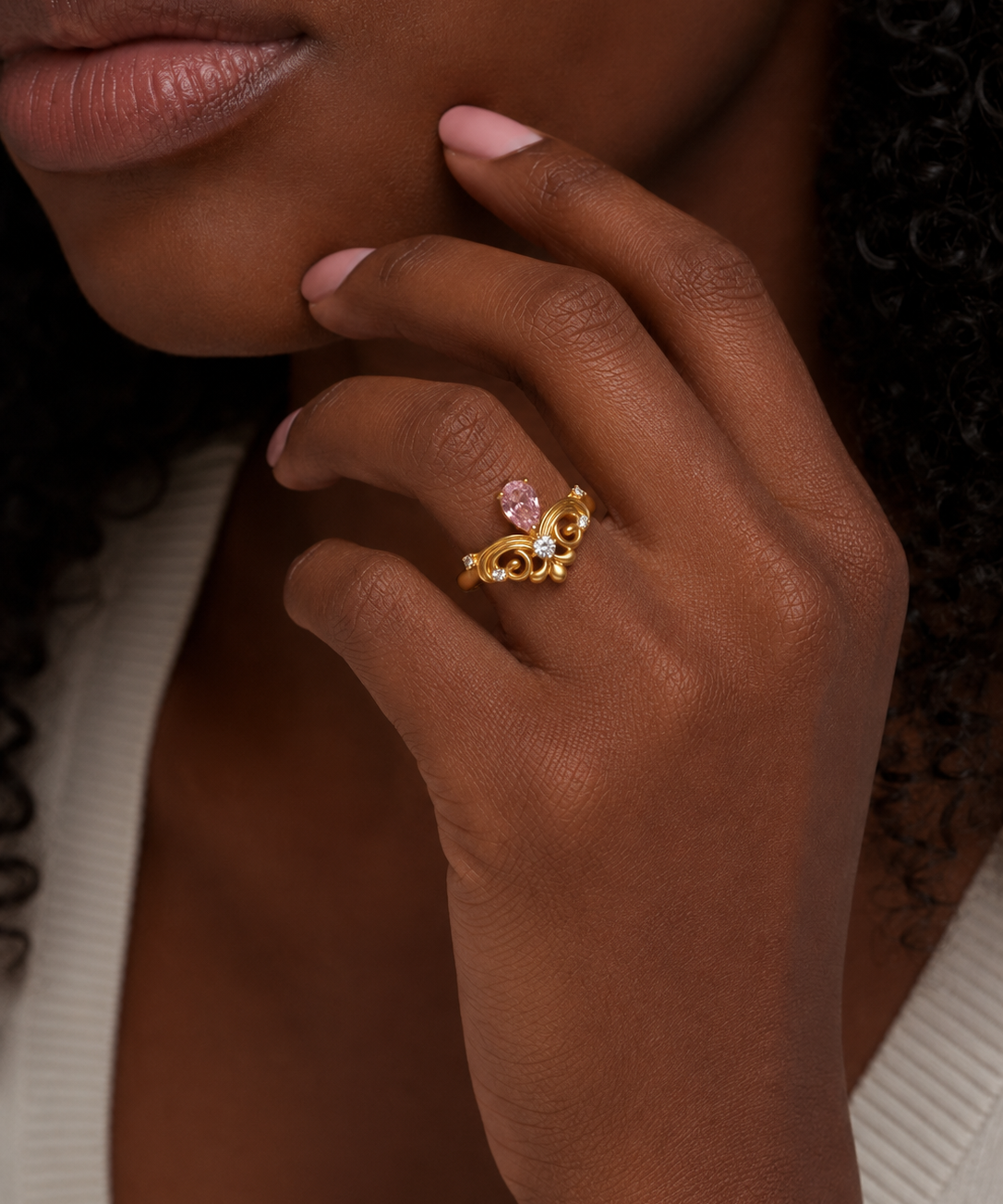 Natural Rose Quartz Crown Open Ring detail view