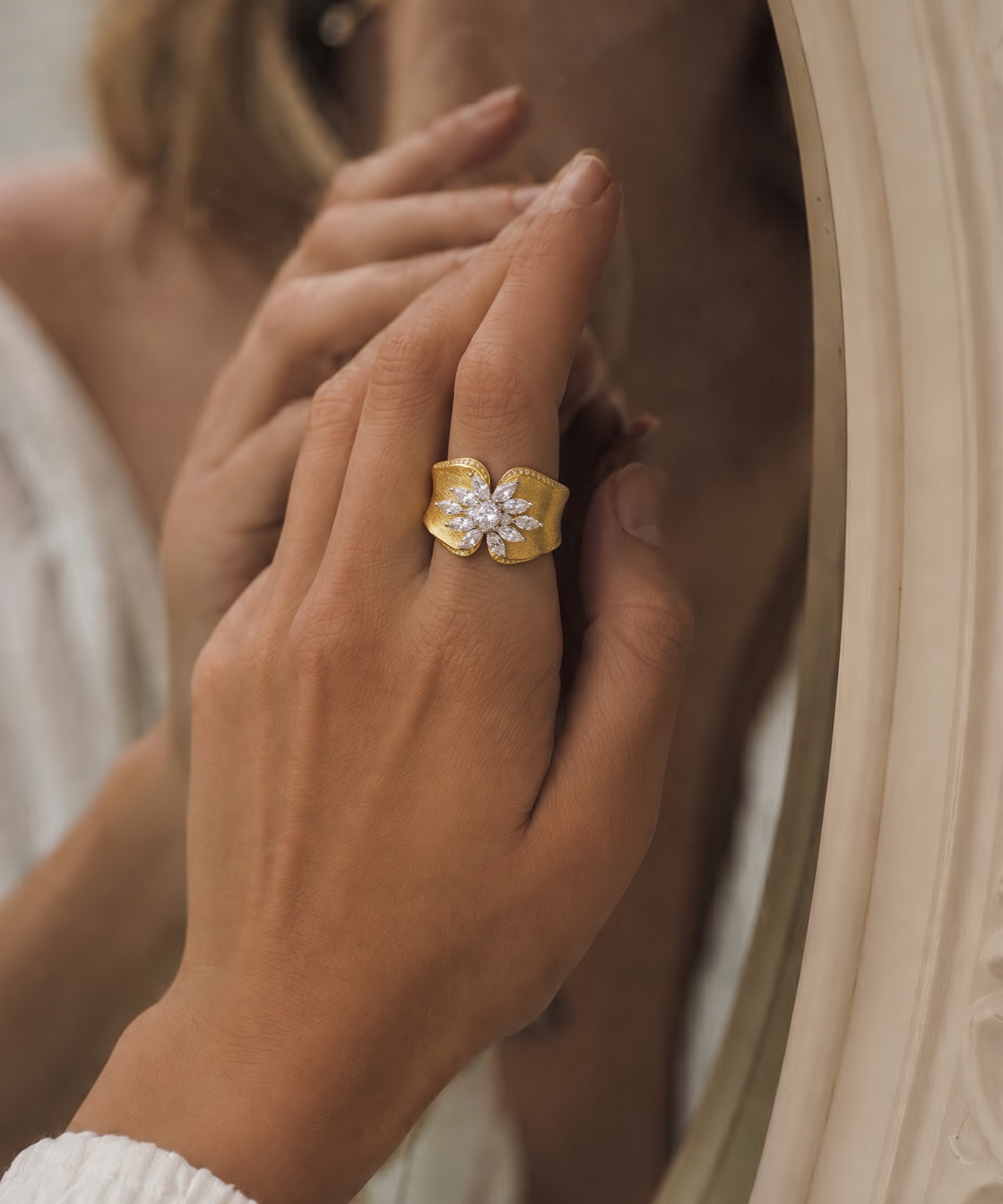 18K Gold Plated Matte Open Cubic Zirconia Ring detail view