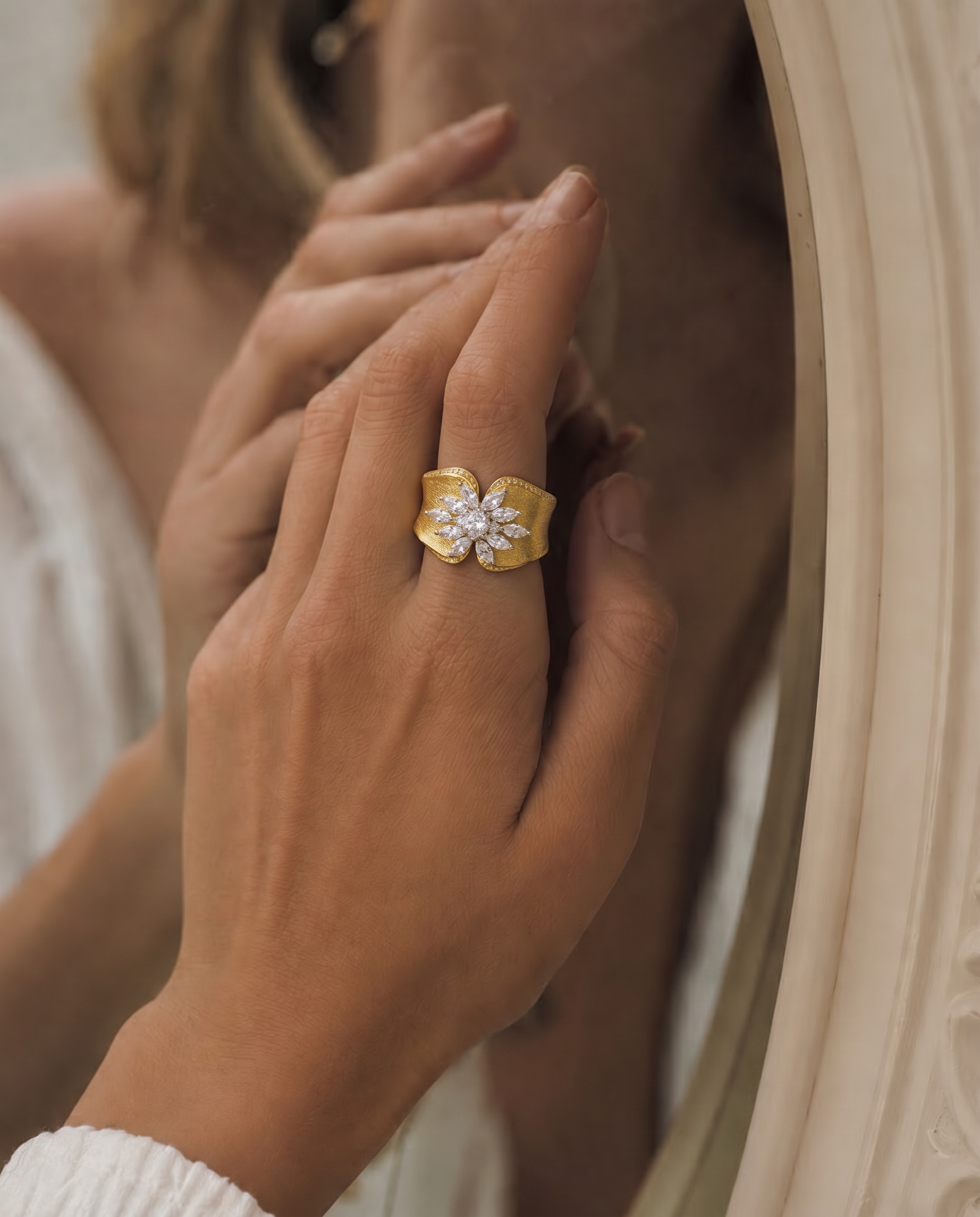 18K Gold Plated Matte Open Cubic Zirconia Ring detail view
